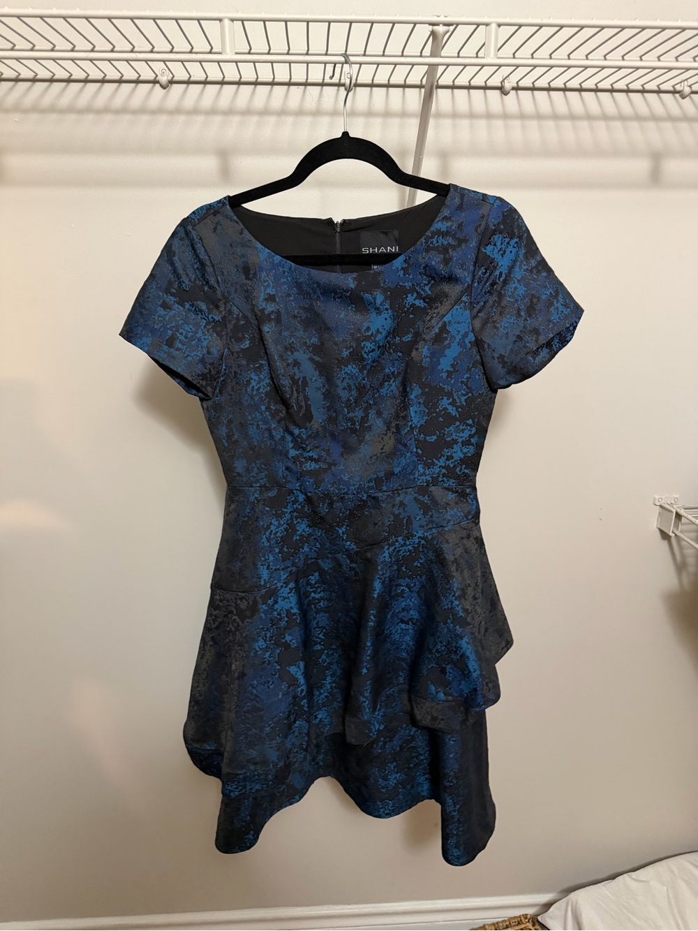 SHAN Blue and Black Short Sleeve Peplum Mini Dress